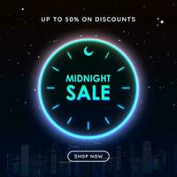 Midnight Sale sign card poster on dark background cityscape with night stars, inside a neon clock with crescent moon. Up to 50 off and more tag. Shop Now button. Vector Illustration.