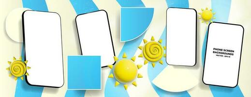 Tropical 3D Phone screen mock up collage on colorful blue and light yellow background with geometric shape designs. Fun and colorful montage with cellphone shaped frames. Editable Vector Illustration.