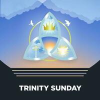 Trinity Sunday Greeting. Observed on the first Sunday after Pentecost. Religious trinity, crown, cross, holy spirit, dove. Silver trinity knot with golden ring. Vector Illustration. EPS 10. Square.