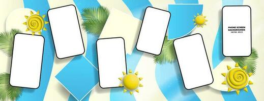 Tropical 3D Phone screen mock up collage on colorful blue and light yellow background with geometric shape designs. Fun and colorful montage with cellphone shaped frames. Editable Vector Illustration.