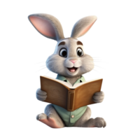 a rabbit reading a book 3d cartoon character with png