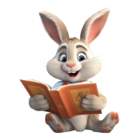 a rabbit reading a book 3d cartoon character with png