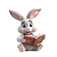 a rabbit reading a book 3d cartoon character with png