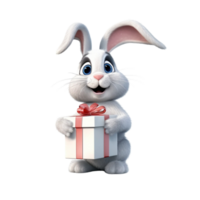 ai généré une lapin en portant une cadeau boîte 3d dessin animé personnage png