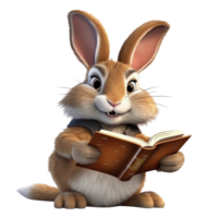 a rabbit reading a book 3d cartoon character with png