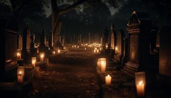 Dark candlelight illuminates spooky tombstone at night generated by AI photo