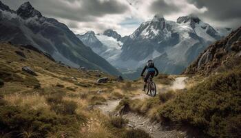 Man cycles through mountain range on adventure generated by AI photo