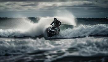 hombres montando el ondas, un emocionante aventuras generado por ai foto