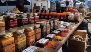 Spices galore at outdoor market vendor kiosk generated by AI photo