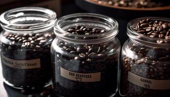 Dark roasted coffee beans fill a glass jar generated by AI photo