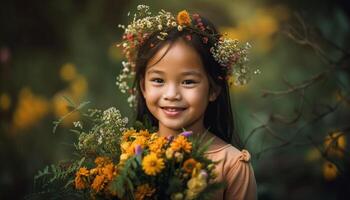 linda niña participación flor guirnalda en prado generado por ai foto