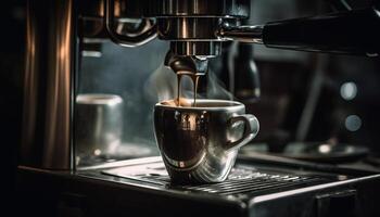 Foamy latte poured from espresso maker indoors generated by AI photo