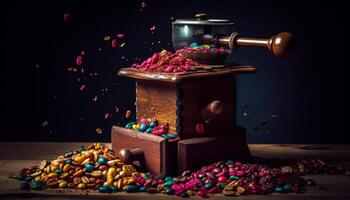 Fresh Coffee Bean Grinding Machinery Dark Background generated by AI photo