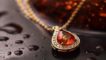 Shiny gold necklace with gemstone drop pendant generated by AI photo