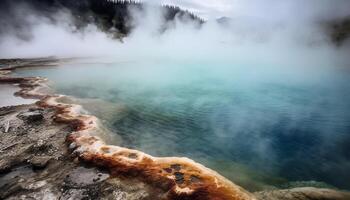 Boiling champagne pool steams in volcanic forest generated by AI photo