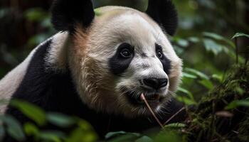 Young panda eats bamboo in nature reserve generated by AI photo