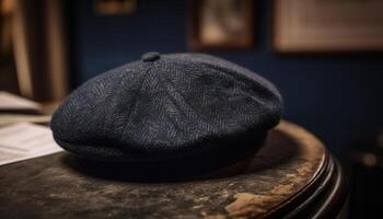 Luxury leather cap on stacked warm wool generated by AI photo
