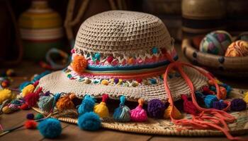 Woven wool cap, indigenous culture decoration souvenir generated by AI photo