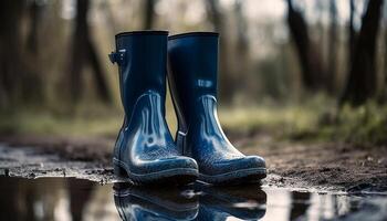 Muddy rubber boots reflect autumn nature scene generated by AI photo