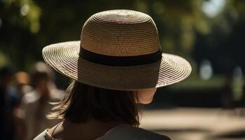 un joven mujer en Paja sombrero sonrisas felizmente generado por ai foto