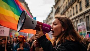 mujer y hombres gritar para libertad ruidoso generado por ai foto