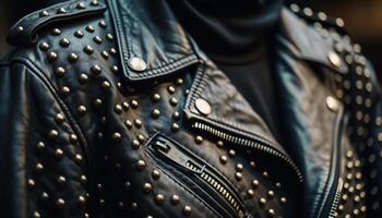 frio motorista chaqueta, brillante metal cremallera detalle generado por ai foto