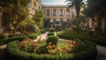 Lush garden illuminates historic building on cityscape generated by AI photo