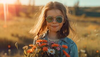 sonriente joven niña disfruta juguetón naturaleza al aire libre generado por ai foto