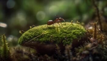 Close up of green ant carrying food through water generated by AI photo