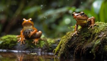 Red eyed tree frog sitting on wet leaf generated by AI photo