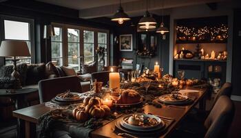 Autumn meal by candlelight in cozy home generated by AI photo