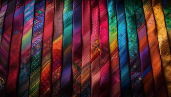 Vibrant colored patterned textiles in a row generated by AI photo