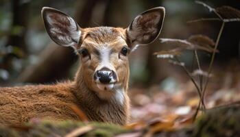 linda ciervo en bosque, mirando a cámara generado por ai foto