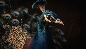 majestuoso masculino pavo real muestra apagado vistoso corona generado por ai foto