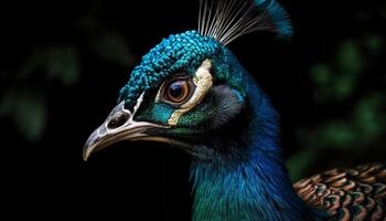 Majestic peacock displays elegance in nature beauty generated by AI photo