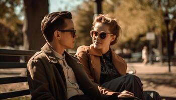 Smiling young couple sitting on autumn bench generated by AI photo