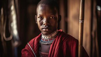 Smiling indigenous child wearing traditional necklace outdoors generated by AI photo