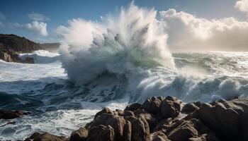 rotura olas rociar espuma en rocoso línea costera generado por ai foto