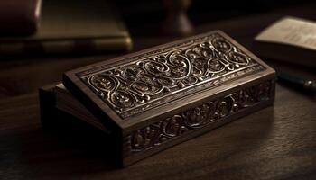 antiguo Biblia en rústico madera mesa, cerca arriba generado por ai foto