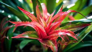 Vibrant tropical flower drops wet leaf decoration generated by AI photo