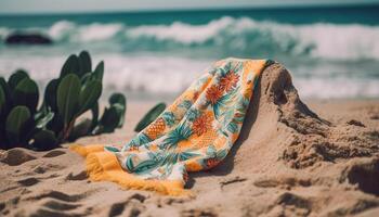 amarillo luz de sol conjuntos en tranquilo arenoso playa generado por ai foto