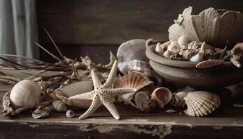 Shell collection arranged for rustic decoration beauty generated by AI photo