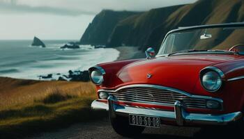 Vintage car driving along scenic coastline adventure generated by AI photo