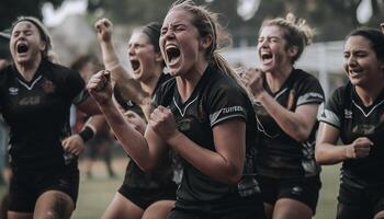 A multiracial team running towards soccer victory generated by AI photo