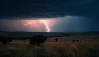 Electricity illuminates spooky landscape during thunderstorm night generated by AI photo