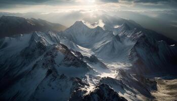 Majestic snowcapped mountains tower high above the clouds generated by AI photo