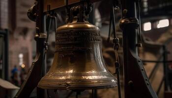 brillante campana colgando en antiguo capilla oscuridad generado por ai foto