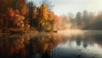 Tranquil autumn forest reflects vibrant natural beauty generated by AI photo