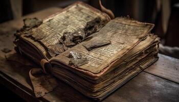 Ancient Bible page on old book table generated by AI photo