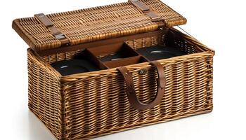 Woven wicker picnic basket with leather handle generated by AI photo